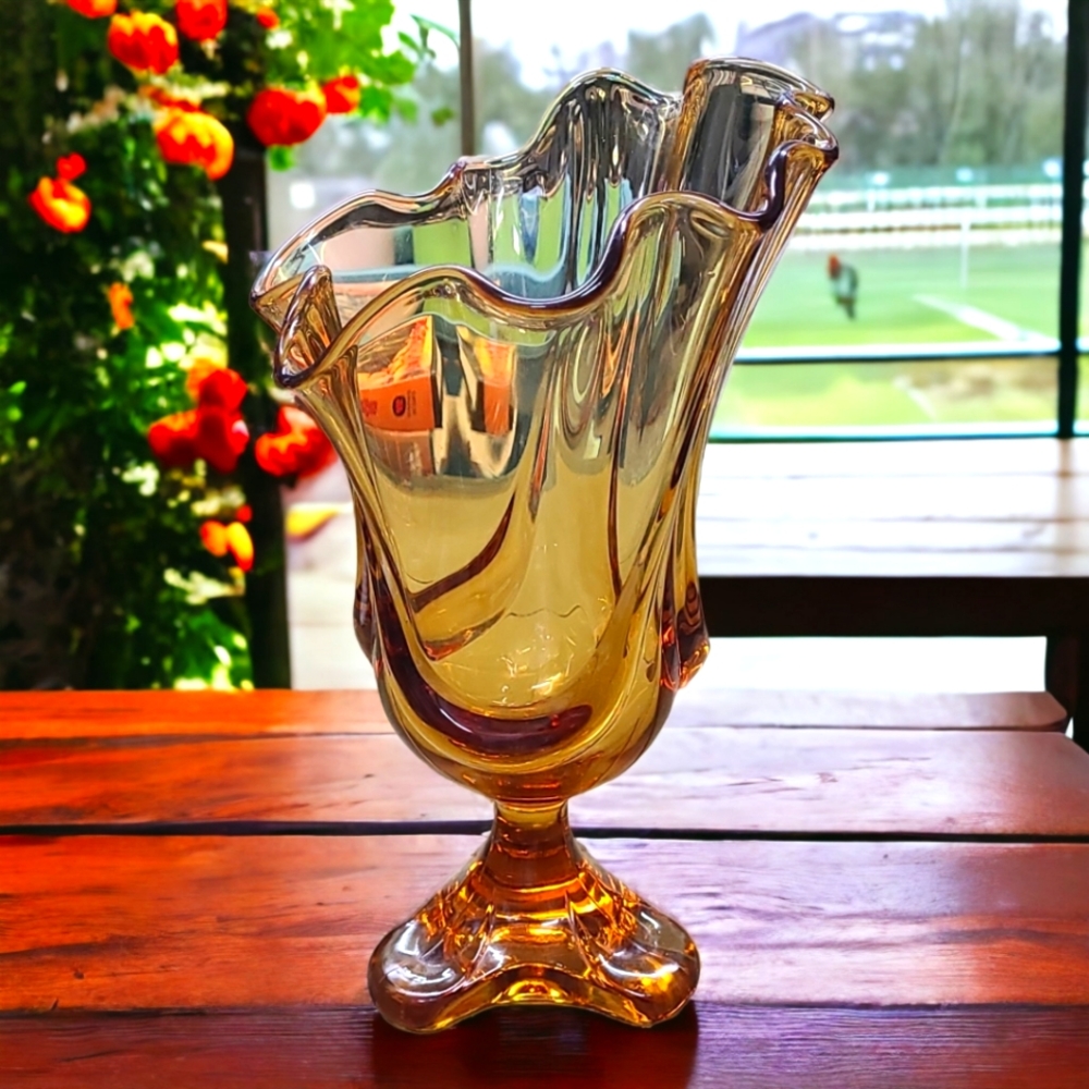Vintage MCM Viking Amber Pedestal Vase